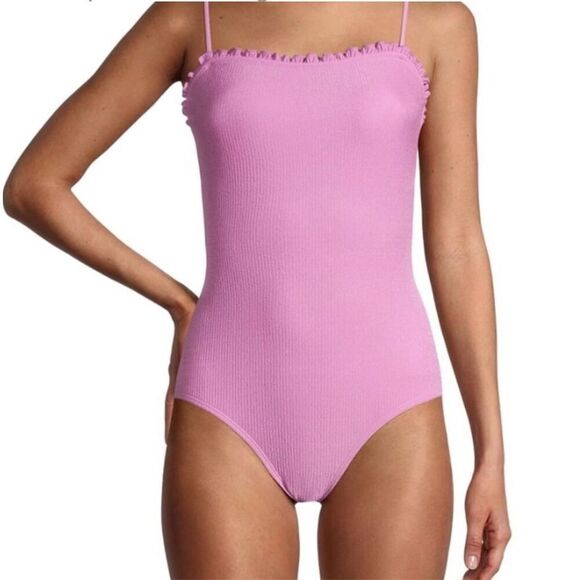Womens No Boundaries Pink Ribbed Scalloped Trim One Piece Swimsuit - Sz S - Picture 1 of 2